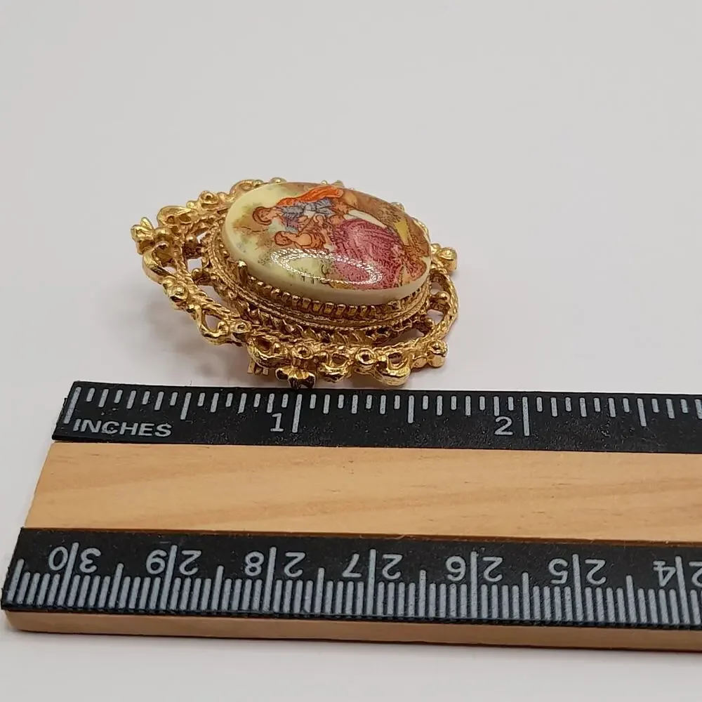 Vintage Courting Couple Porcelain Enamel Pin Brooch, 1960s, Signed